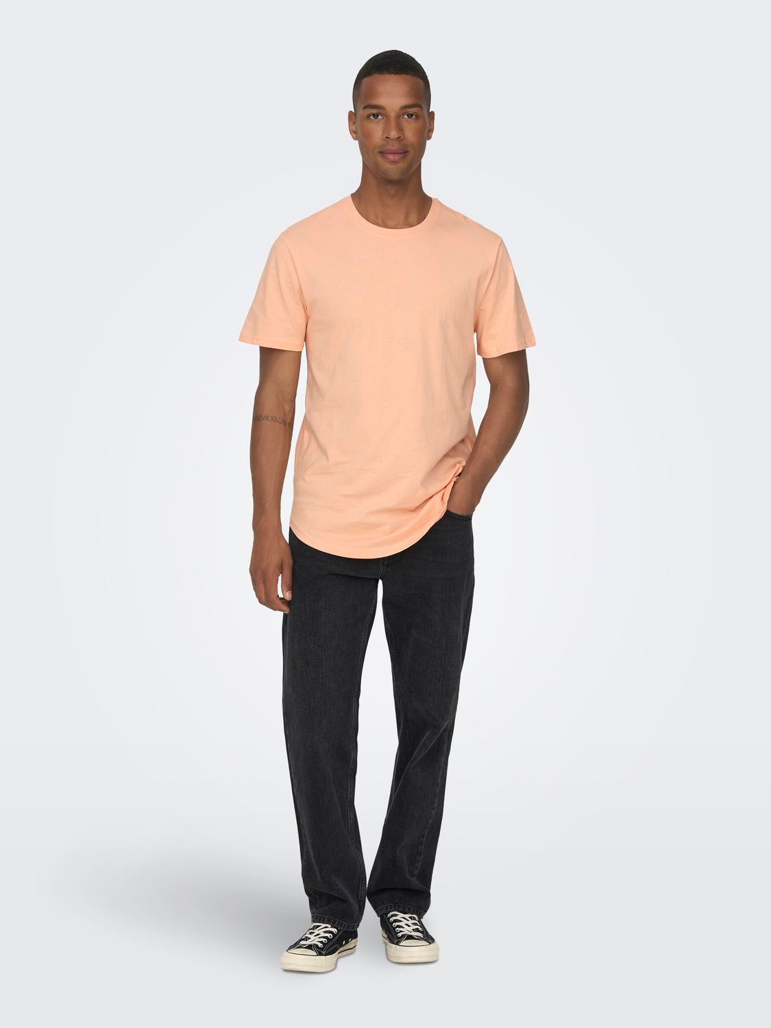 ONLY & SONS Long Line Fit Round Neck T-Shirt -Peach Nectar - 22002973