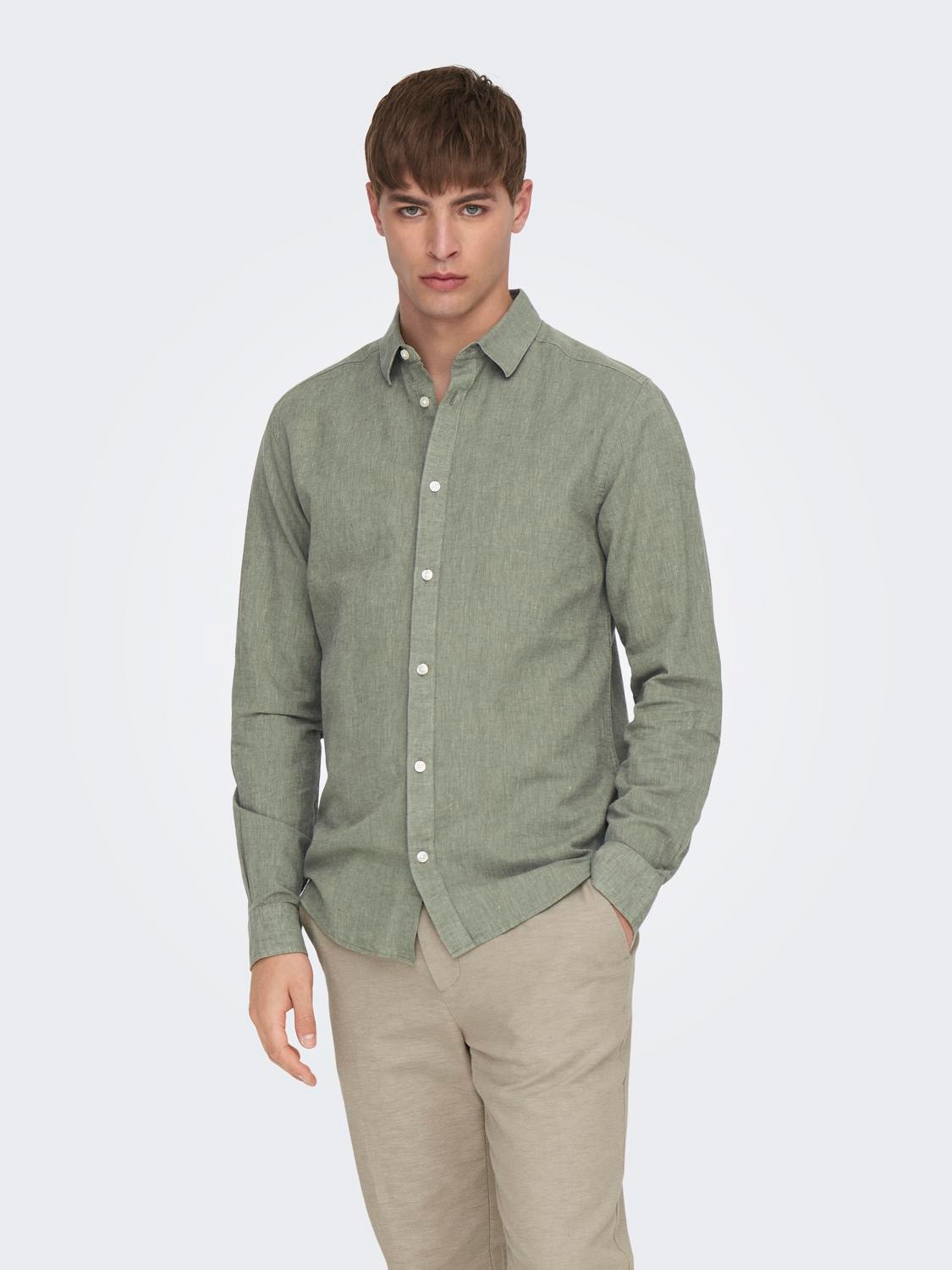 ONLY & SONS slim fit Linen shirt -Swamp - 22012321
