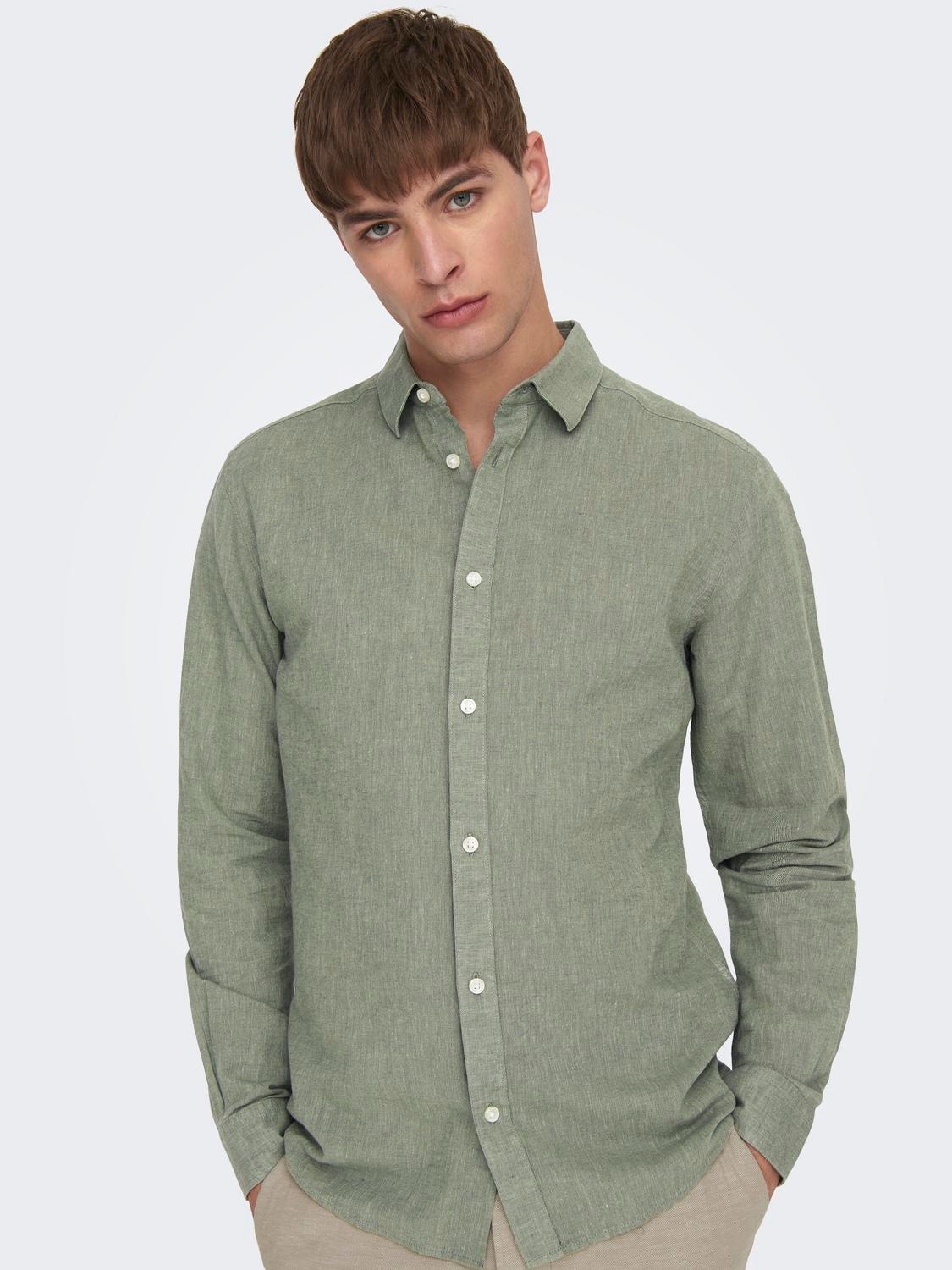 ONLY & SONS slim fit Linen shirt -Swamp - 22012321