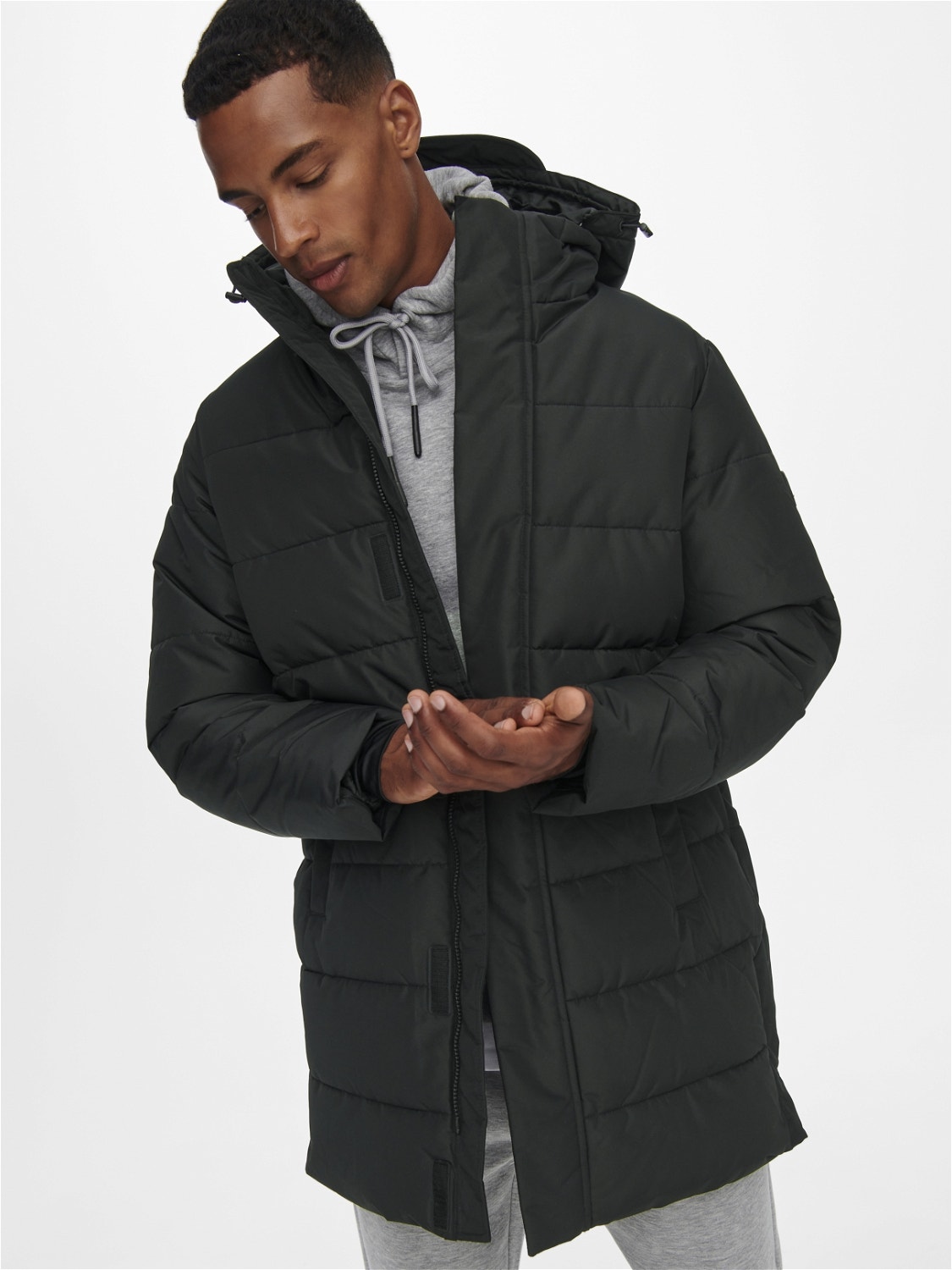 ONLY & SONS Detachable hood Ribbed cuffs Coat -Black - 22020156