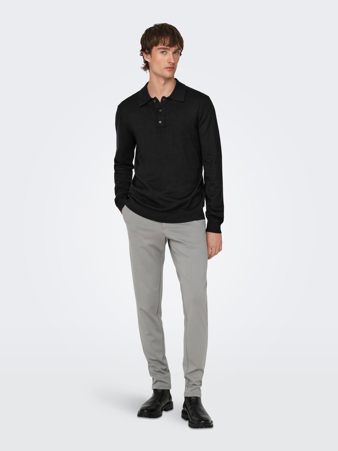 Knit polo with long sleeves | Black | ONLY & SONS®