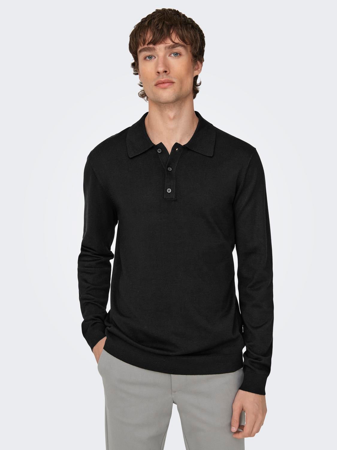 Knit polo with long sleeves | Black | ONLY & SONS®