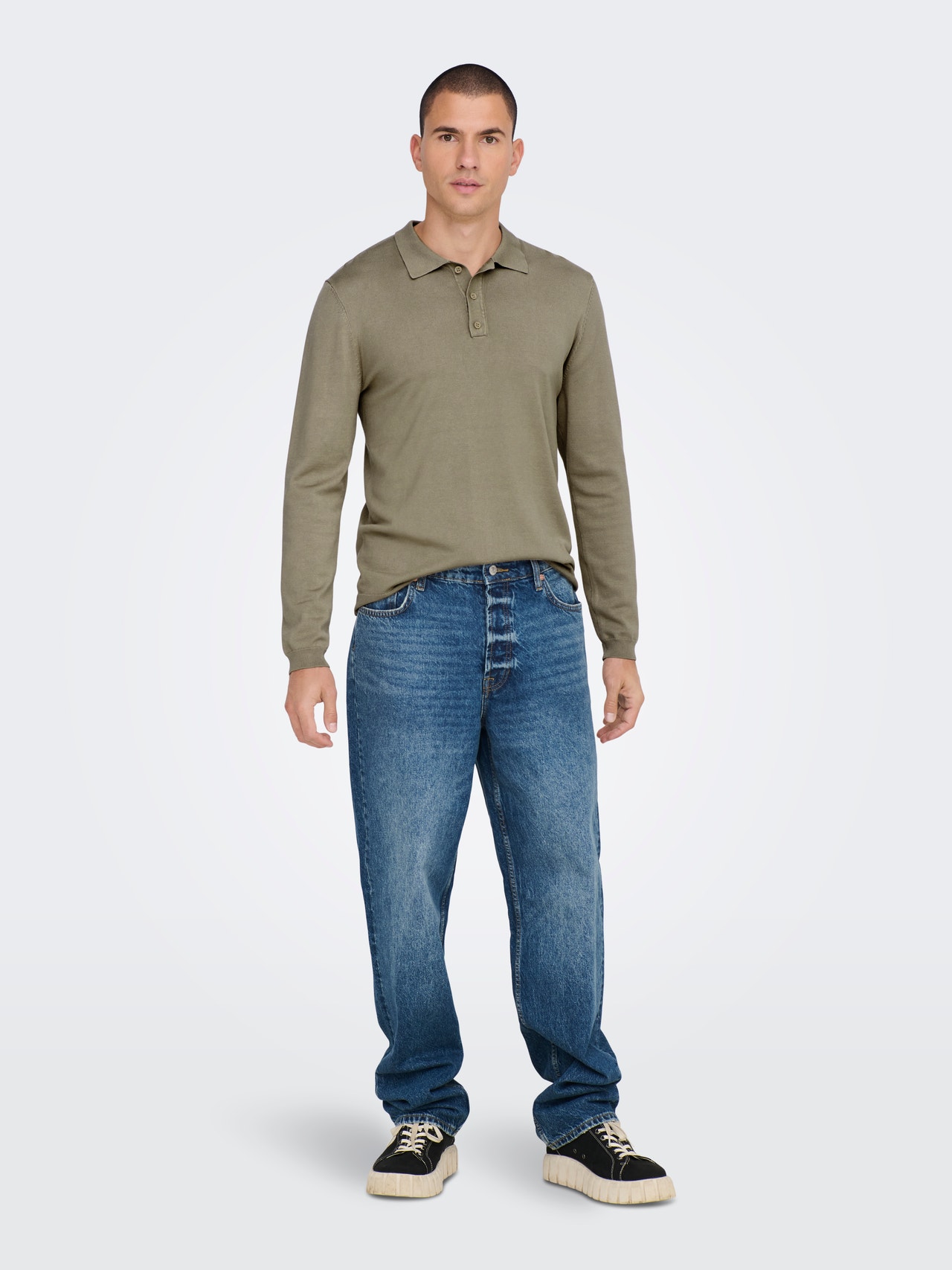 ONLY & SONS Knit polo with long sleeves -Chinchilla - 22021184