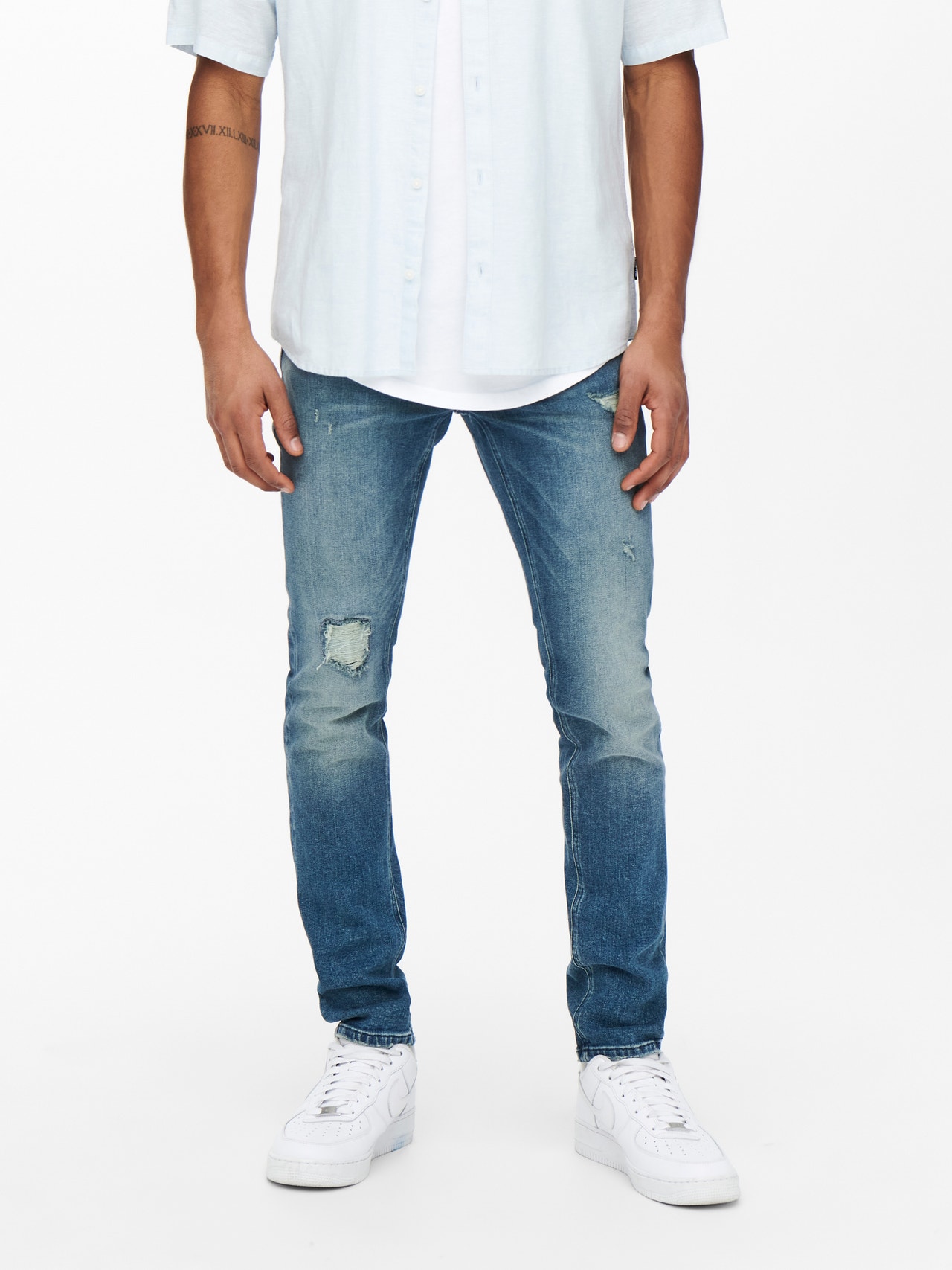 ONLY & SONS Jeans Slim Fit Taille moyenne Ourlé destroy -Blue Denim - 22021423