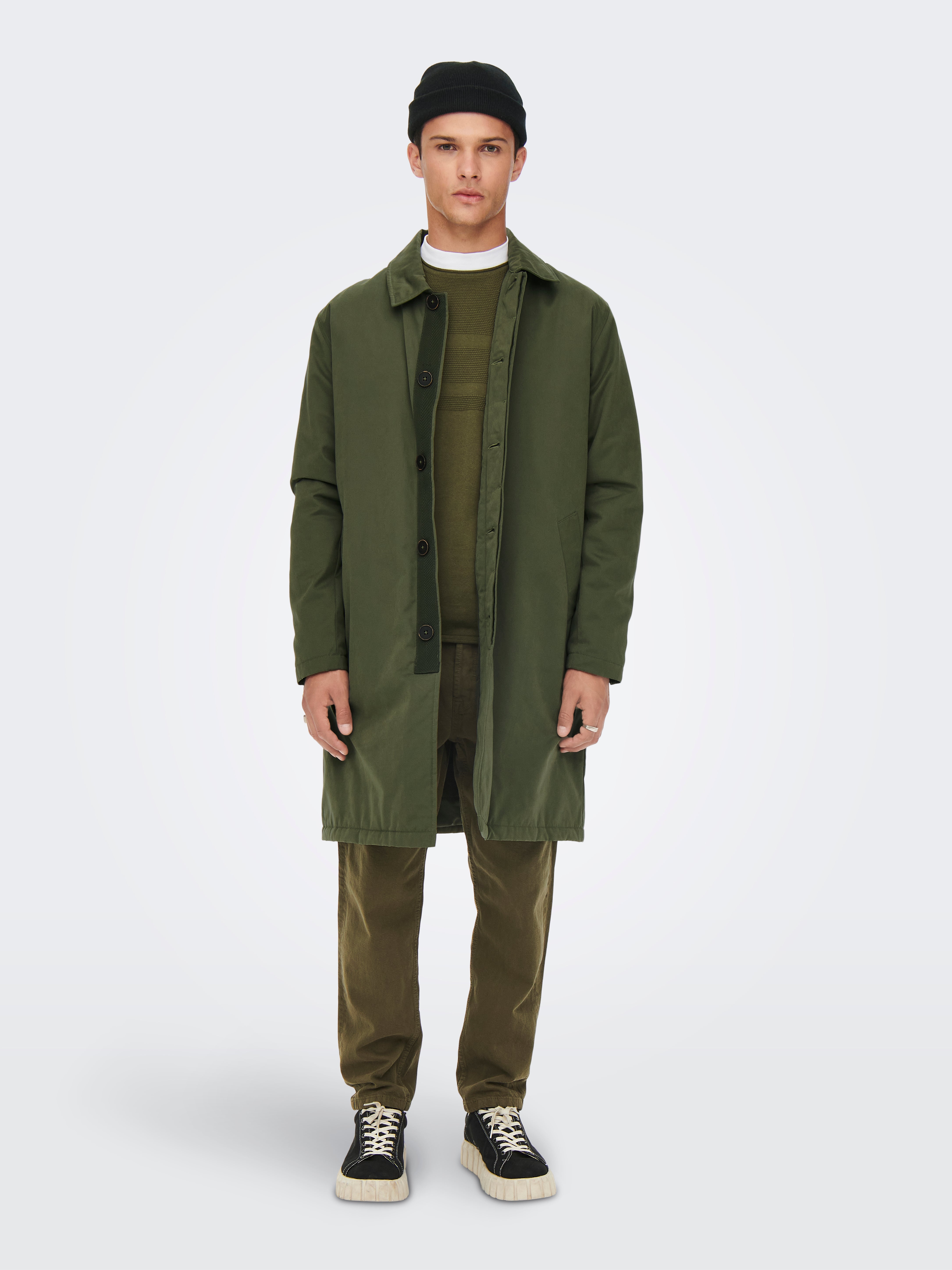 Slit with buttons Coat | Dark Green 