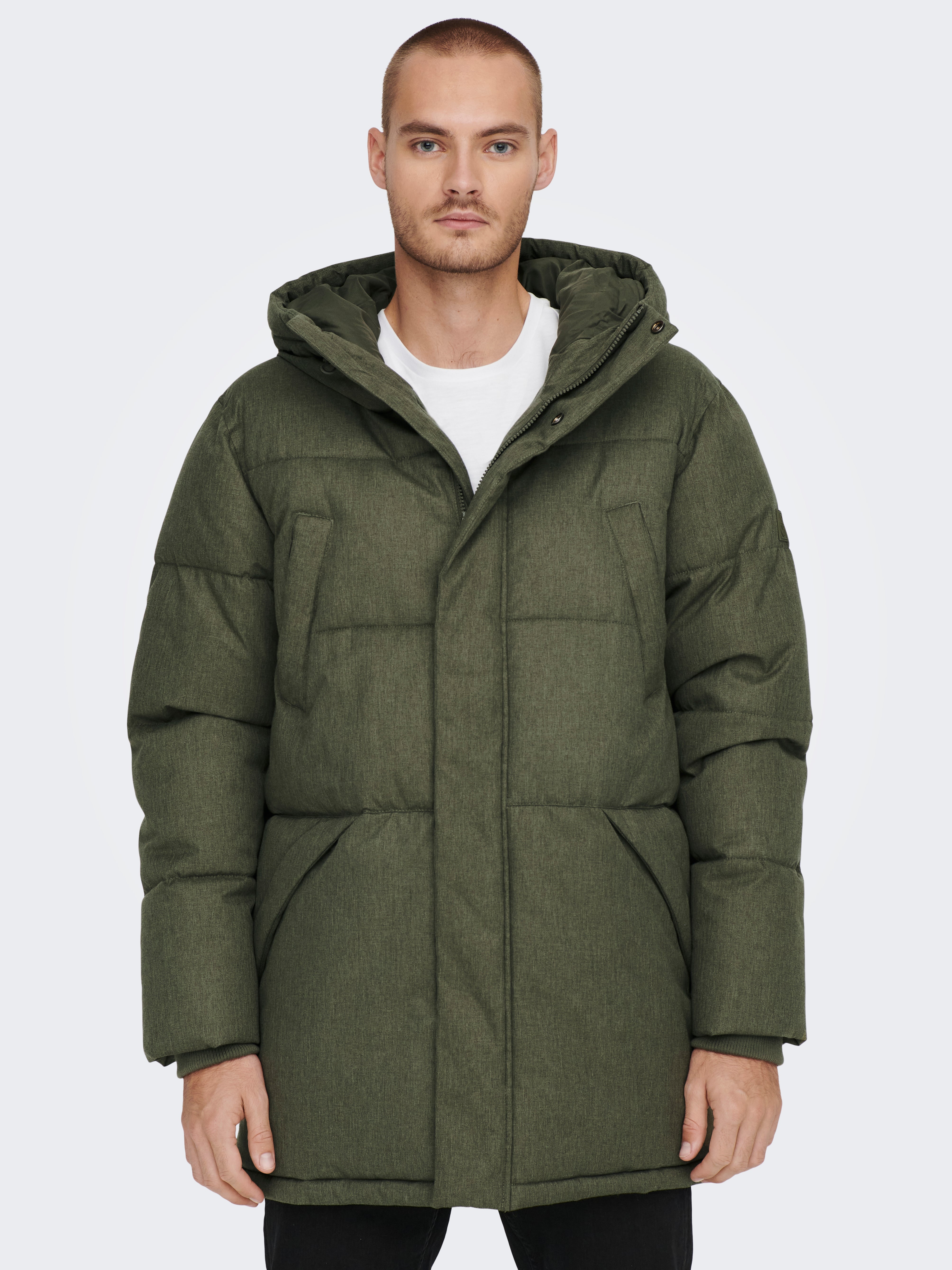 dark green long puffer jacket