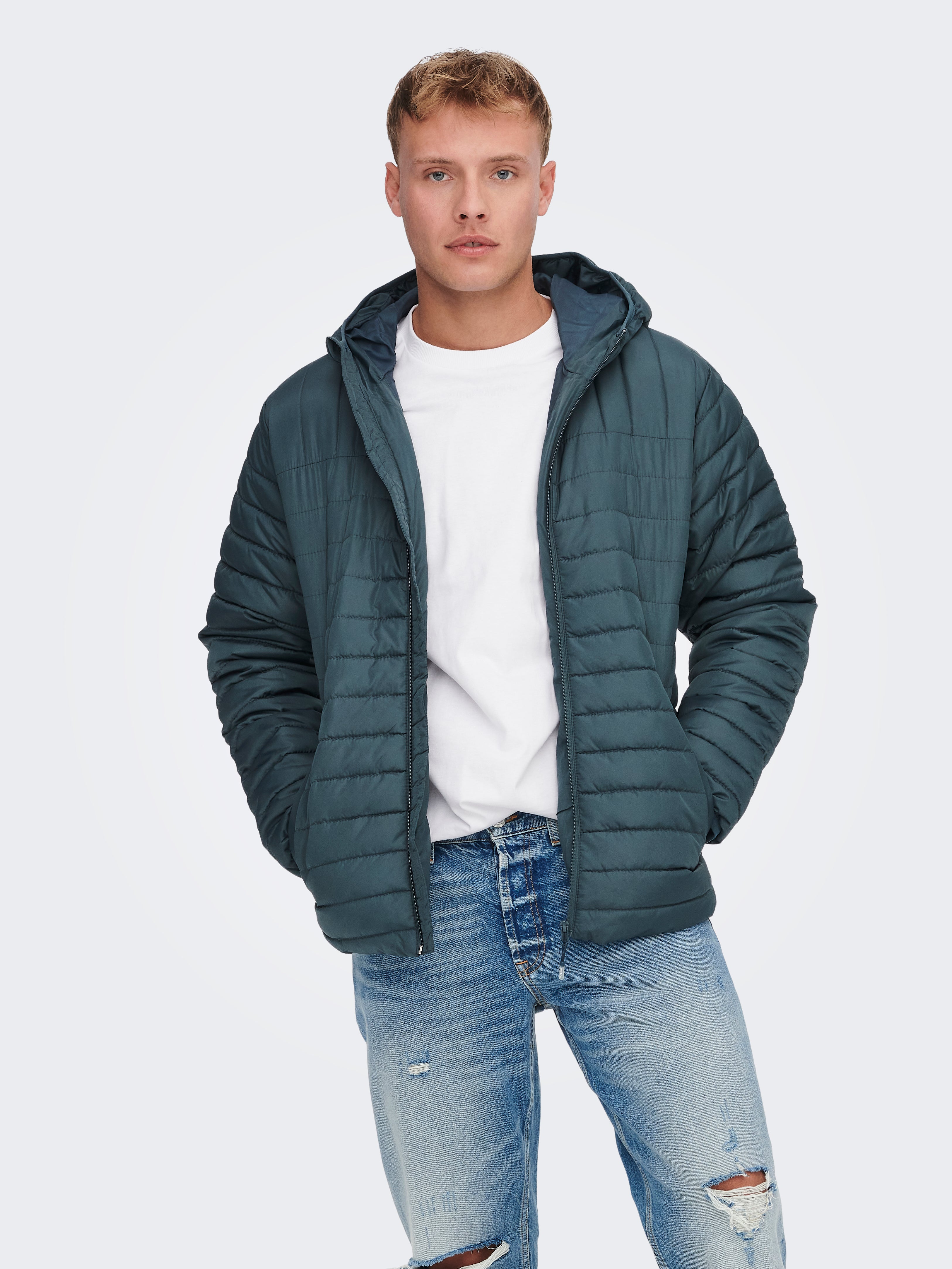 Only \u0026 Sons Quilted Hood Jacket - Men - Grey - Size S