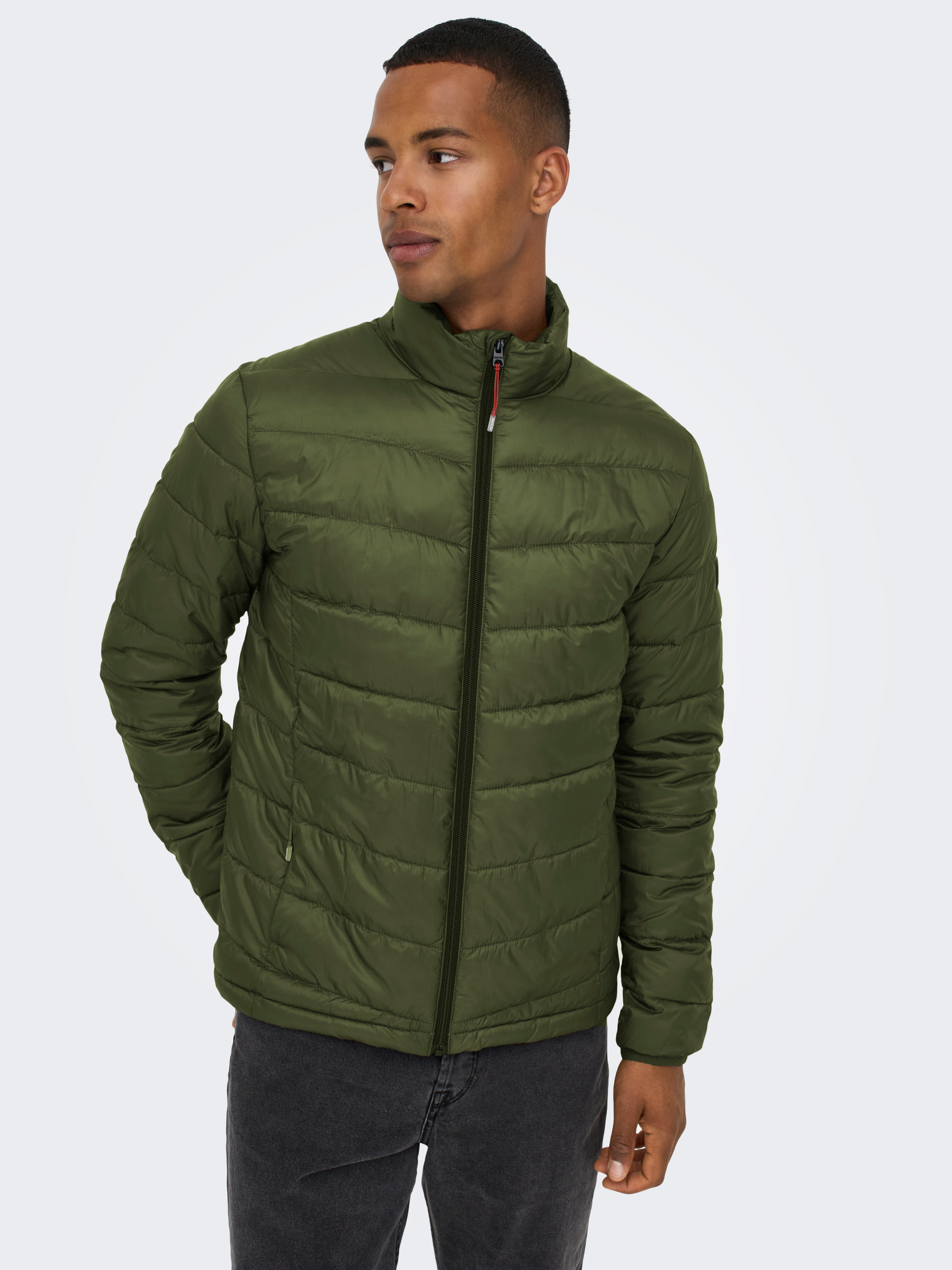 Olive green quilted jacket cheap mens