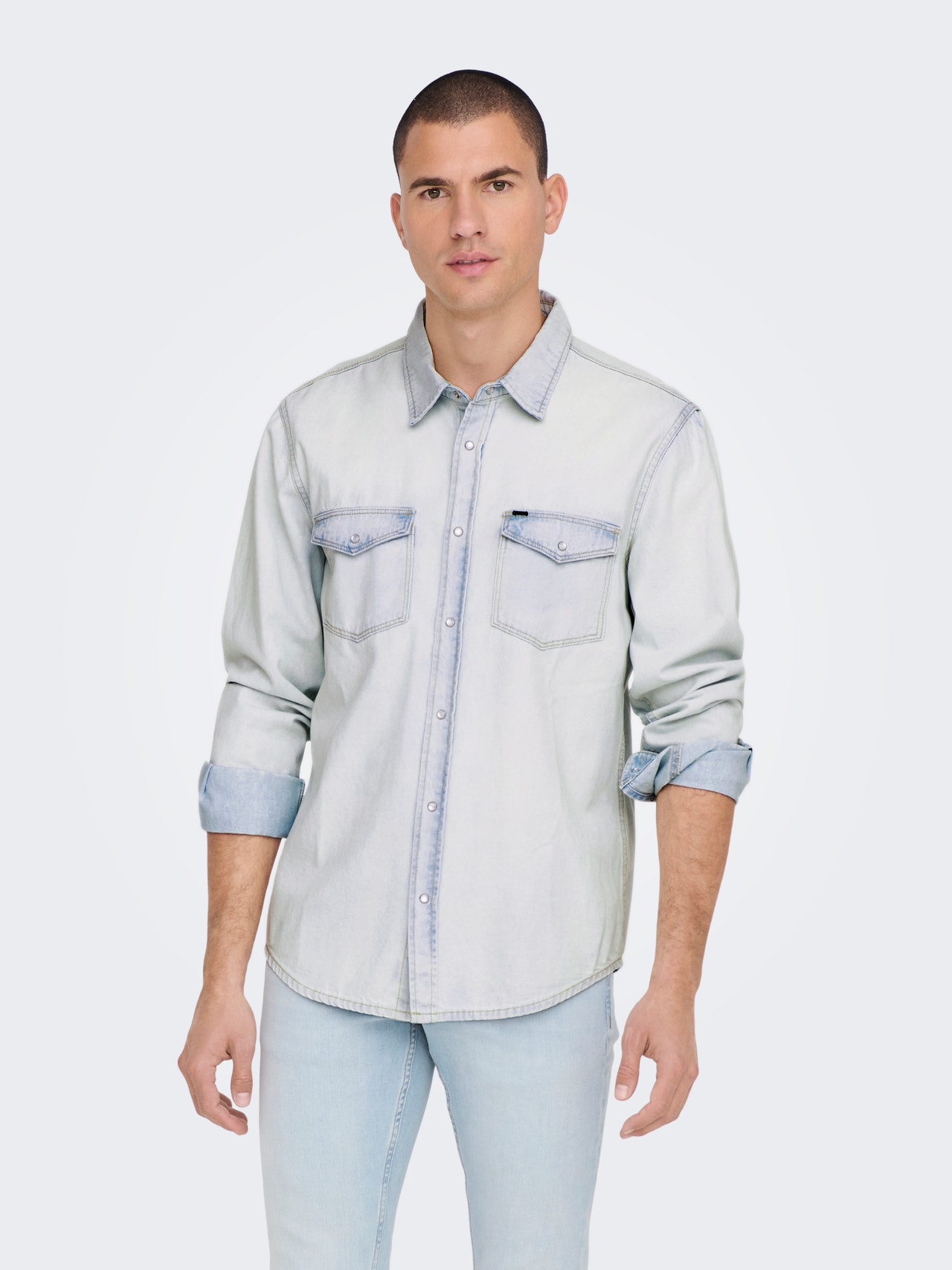 ONLY & SONS Denim shirt with chest pockets -Light Blue Denim - 22023247