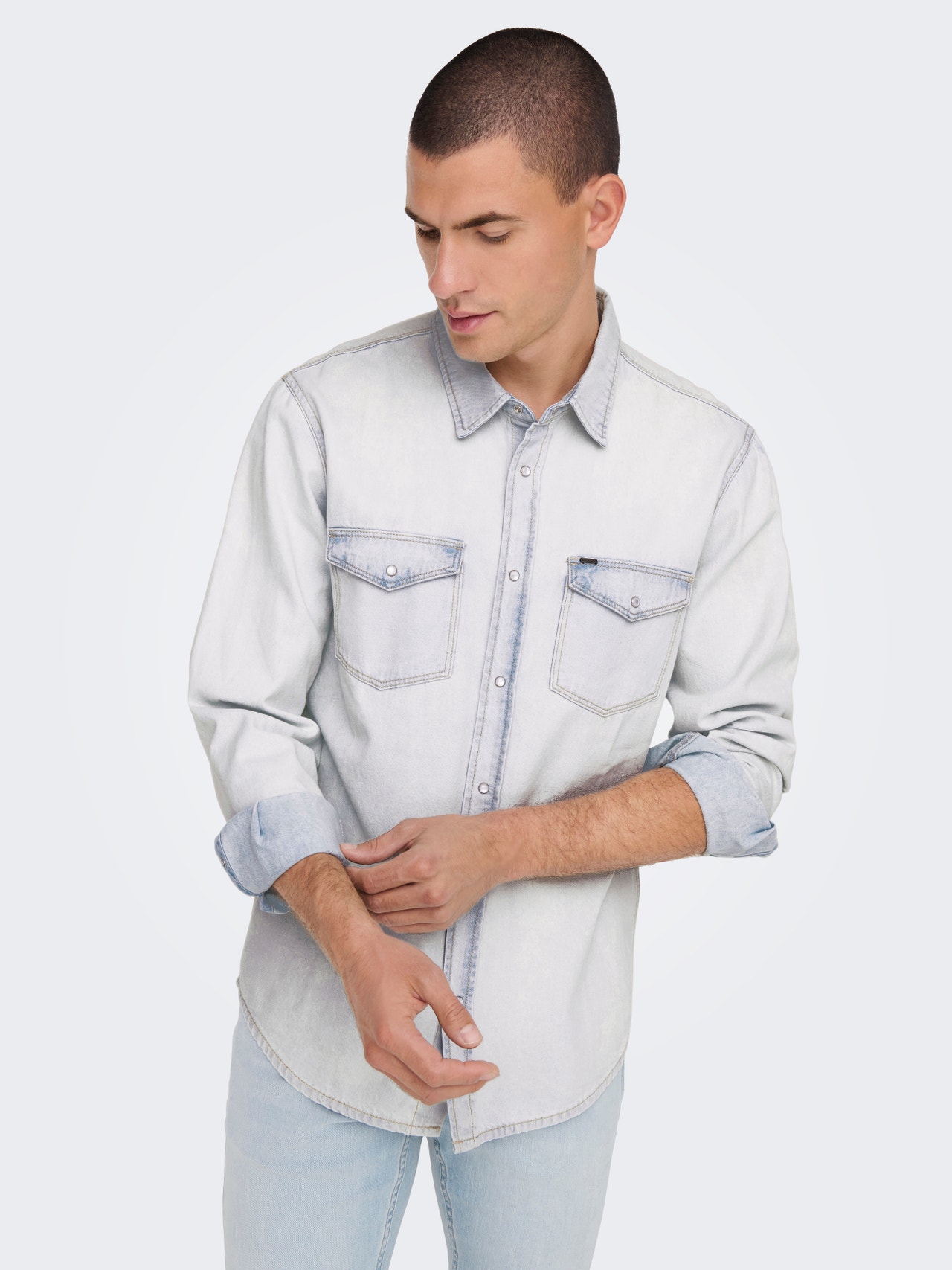 ONLY & SONS Denim shirt with chest pockets -Light Blue Denim - 22023247