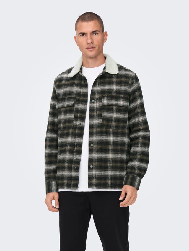 ONLY & SONS Checked Loose Fit Shacket with sherpa collar - 22023571