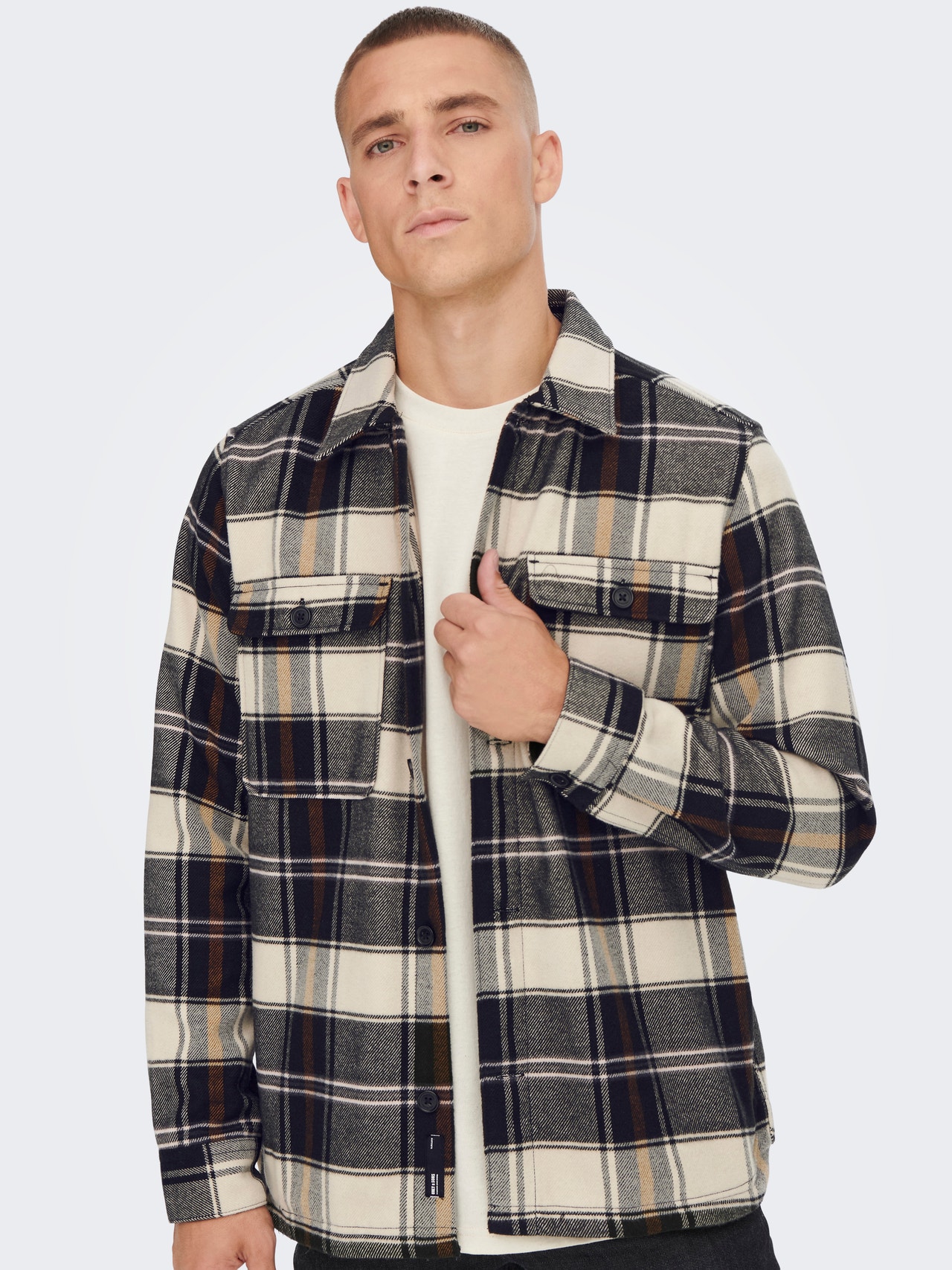 ONLY & SONS Loose Fit Checked twill overshirt -Silver Lining - 22023953