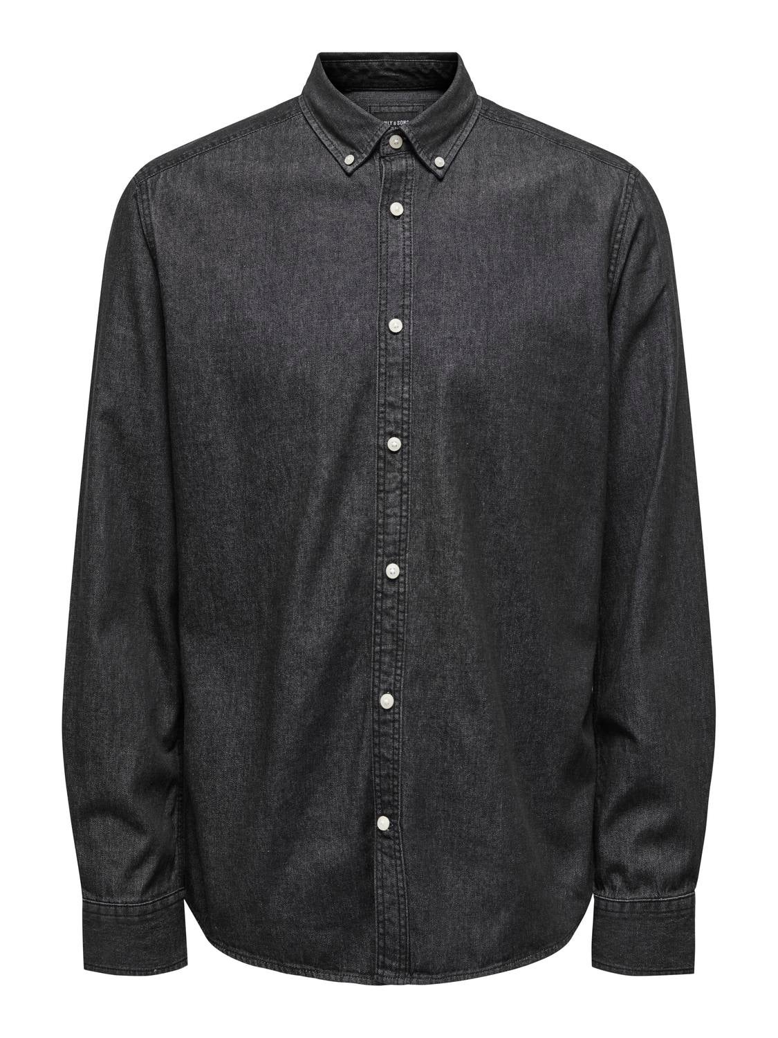 Black denim button up hot sale shirt