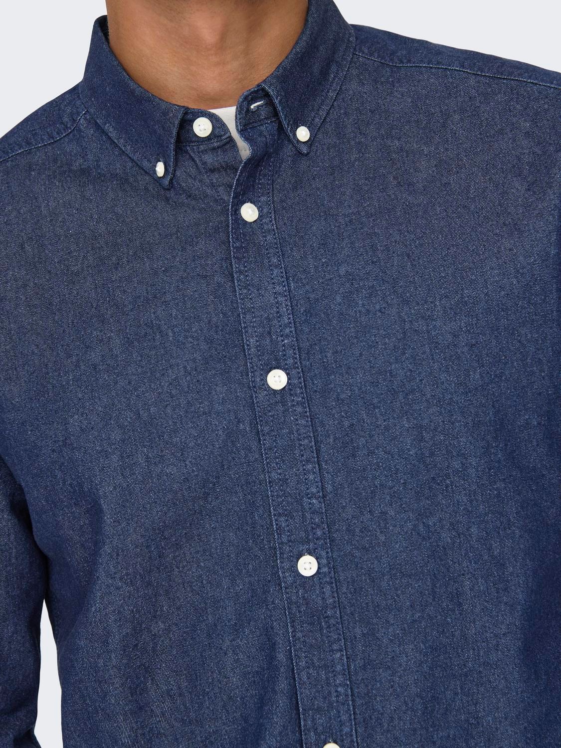 ONLY & SONS Regular Fit Button-down collar Shirt -Dark Blue Denim - 22024163