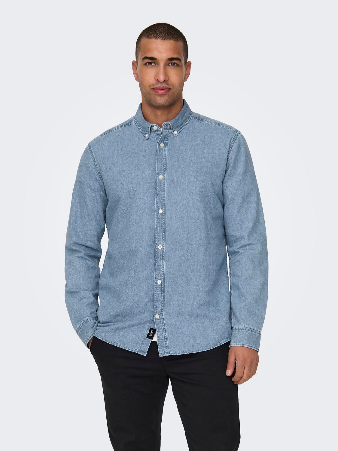 ONLY & SONS Regular Fit Button-down collar Shirt -Light Blue Denim - 22024163
