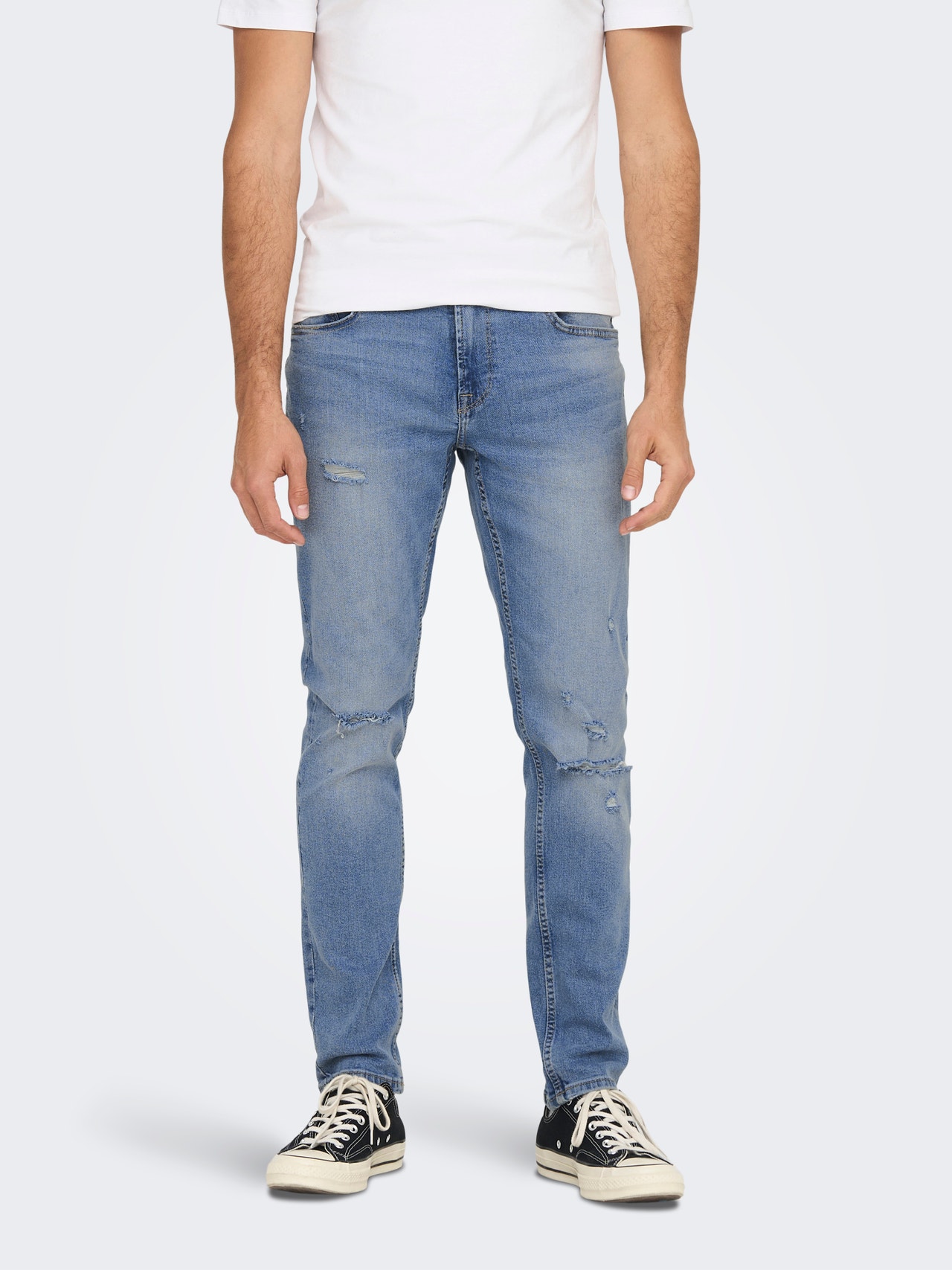 ONLY & SONS Slim Fit Zerrissene Säume Jeans -Light Blue Denim - 22024595