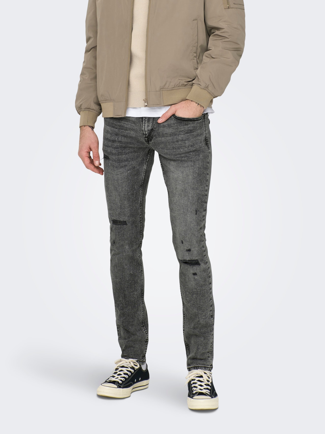 ONLY & SONS Slim Fit Zerrissene Säume Jeans -Medium Grey Denim - 22024597