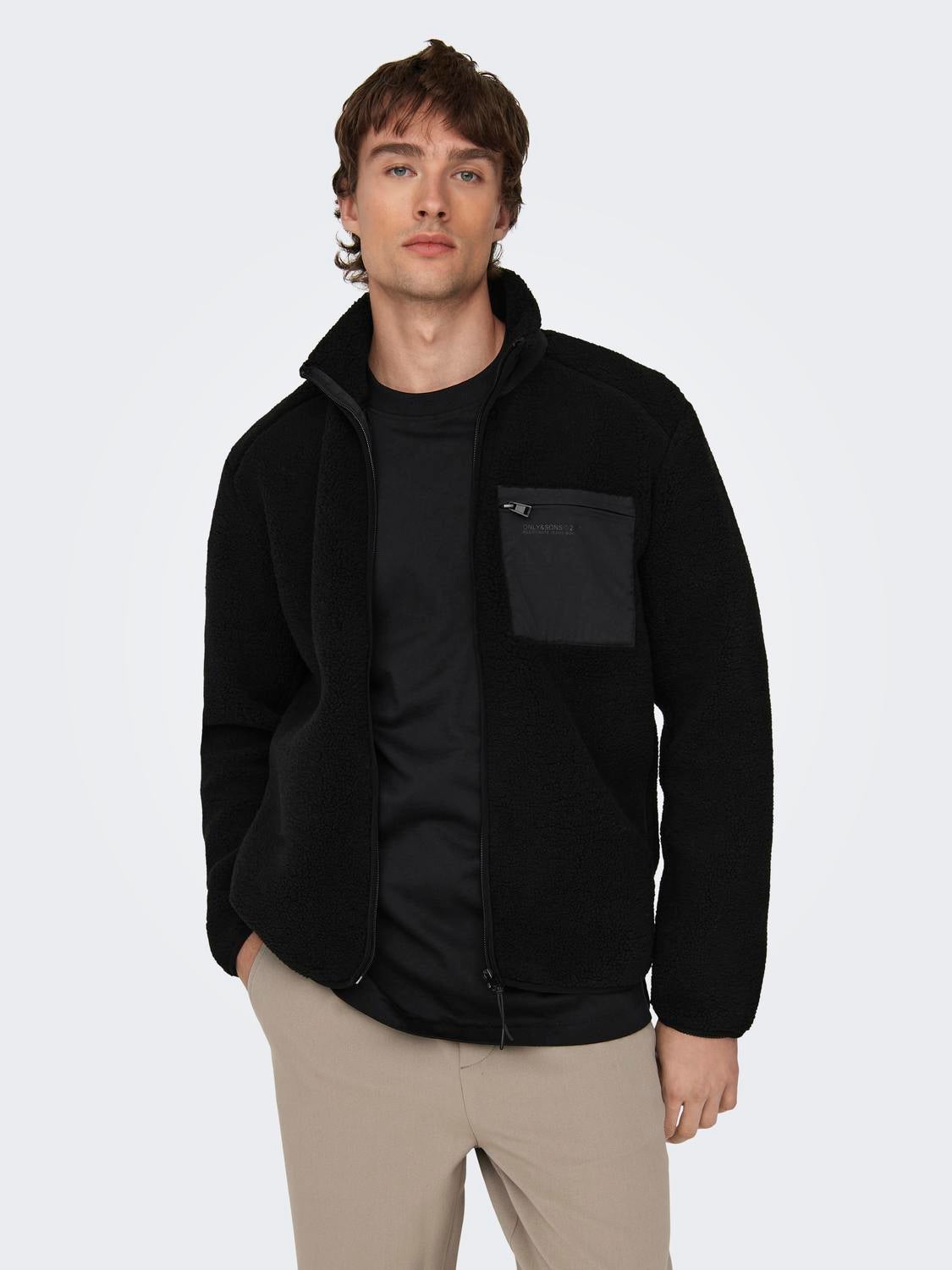 high-neck teddy jacket, Black