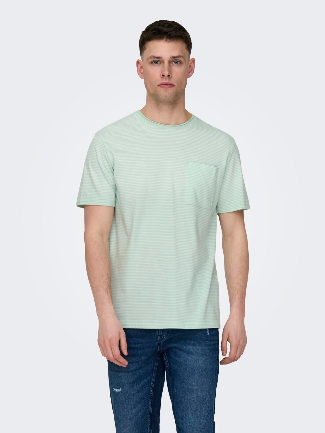 ONLY & SONS Striped o-neck t-shirt with chest pocket -Surf Spray - 22025680