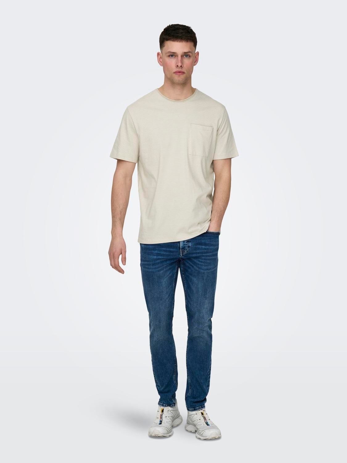 ONLY & SONS Stribet o-hals t-shirt med brystlomme -White - 22025680