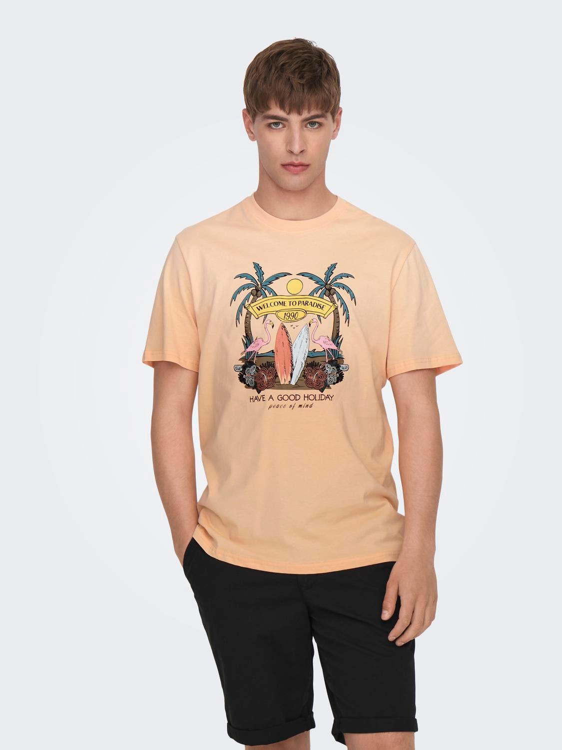 ONLY & SONS O-neck t-shirt with print -Peach Nectar - 22026084