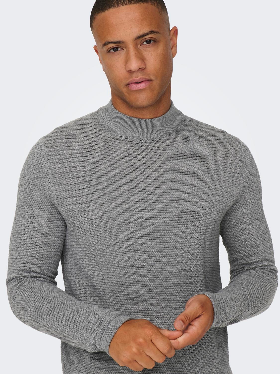 ONLY & SONS Regular Fit Mock neck Pullover -Medium Grey Melange - 22026503