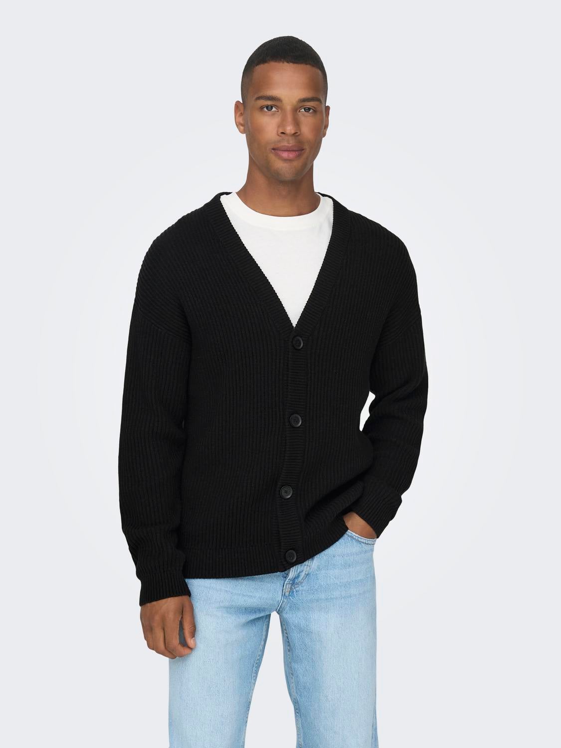 V Neck Knit Cardigan Black ONLY SONS