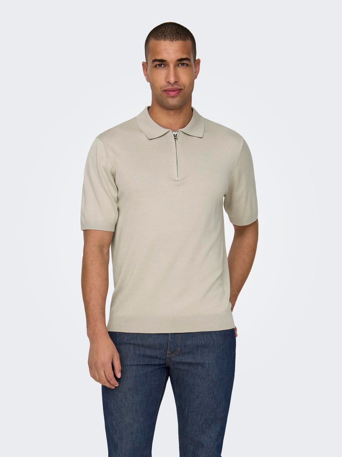 ONLY & SONS Knit polo with half zip  -Silver Lining - 22028606